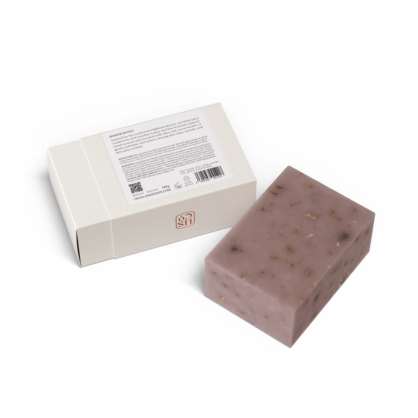 Back of Highland Soap Co. raspberry cranachan scented soap bar in box packaging with ingredient list
