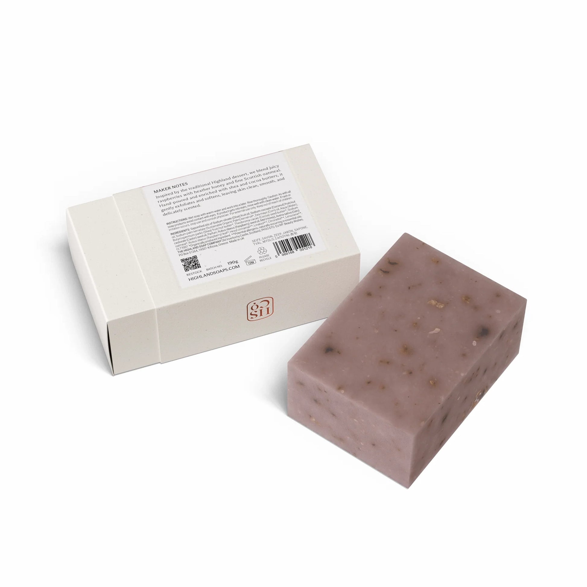 Back of Highland Soap Co. raspberry cranachan scented soap bar in box packaging with ingredient list
