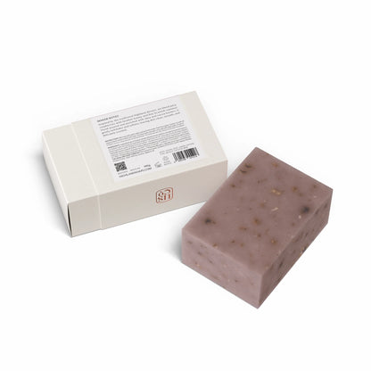 Back of Highland Soap Co. raspberry cranachan scented soap bar in box packaging with ingredient list