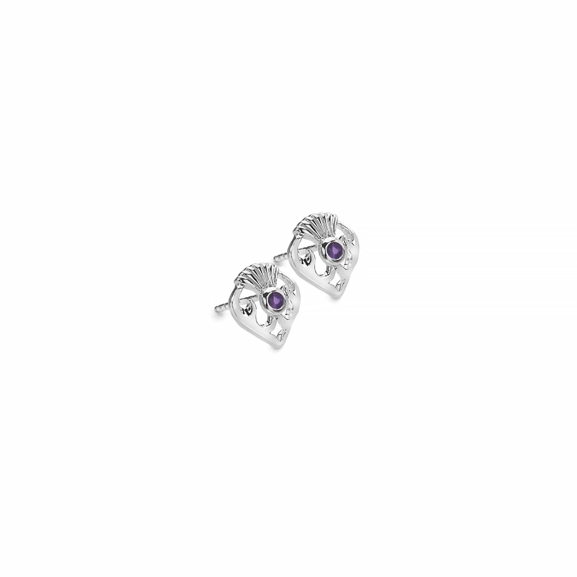 A pair of Scottish thistle stud earrings in silver with round purple amethyst stones