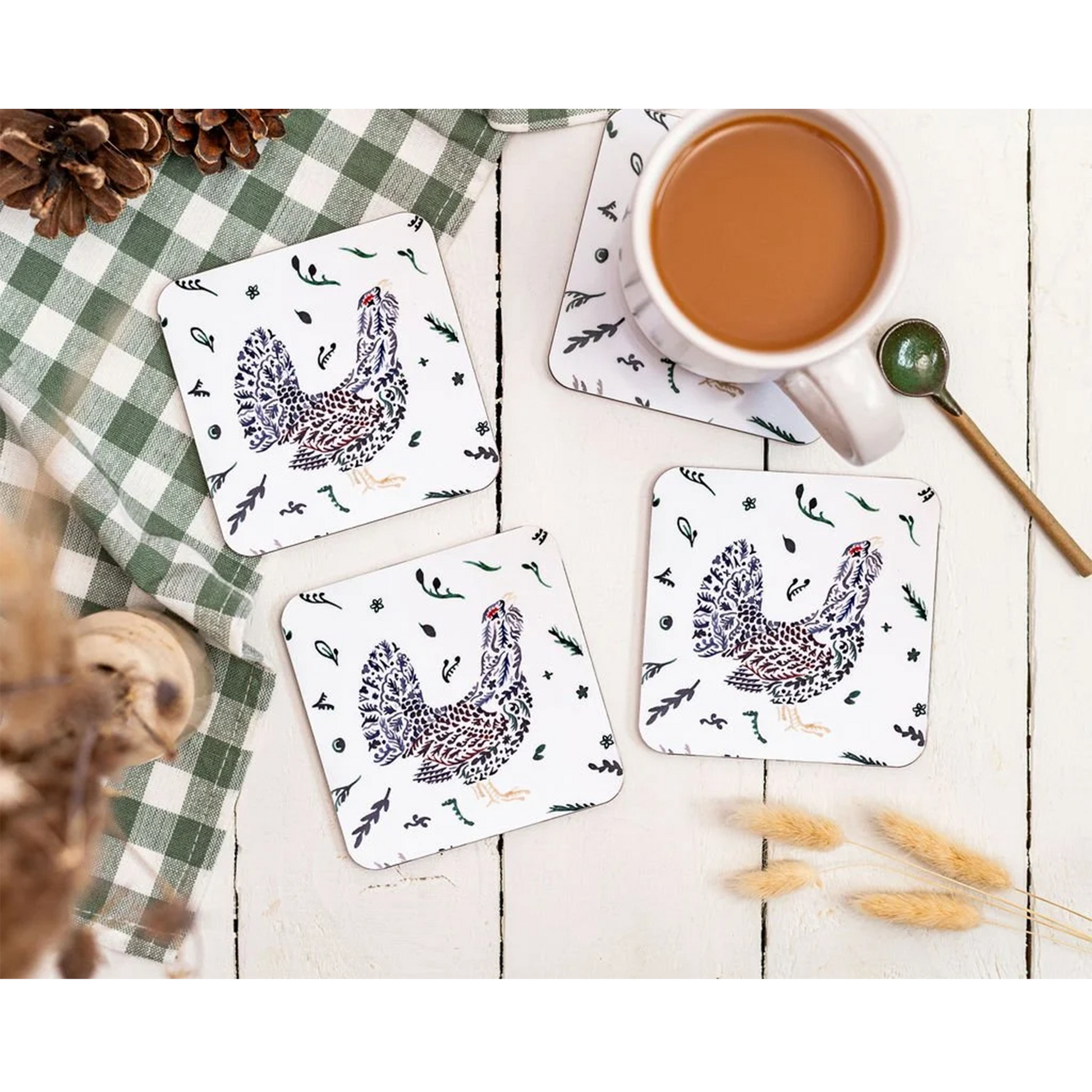 Four Scottish wildlife capercaillie grouse design melamine square coasters