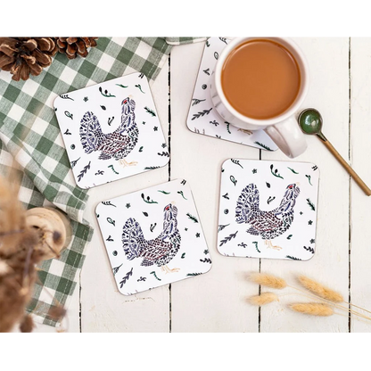 Four Scottish wildlife capercaillie grouse design melamine square coasters