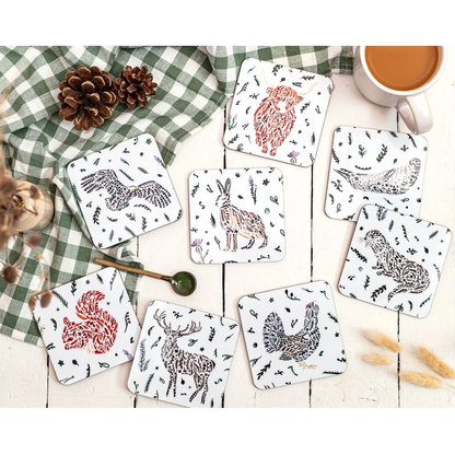 Eight Scottish wildlife design melamine square coasters