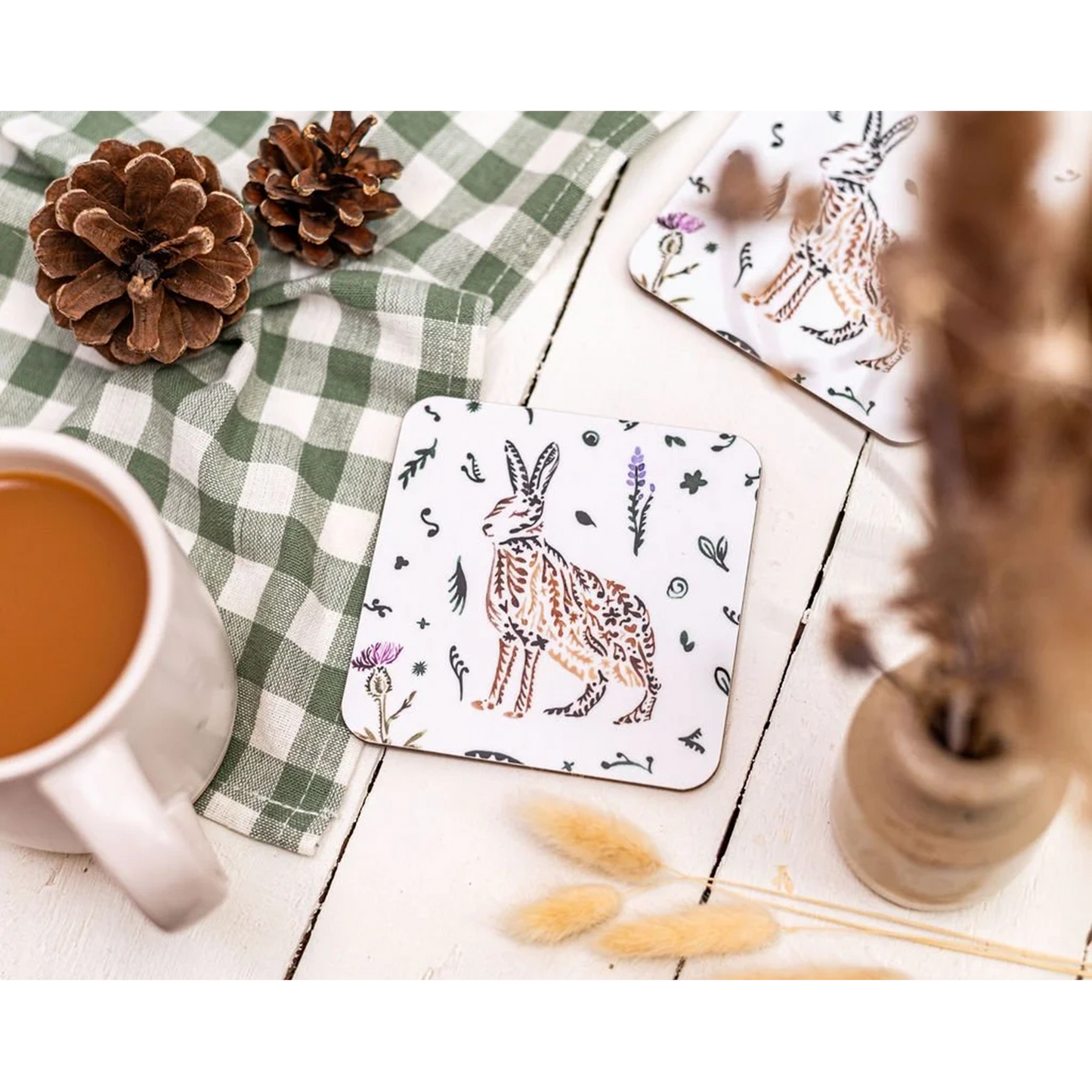 Scottish wildlife hare design melamine square coaster