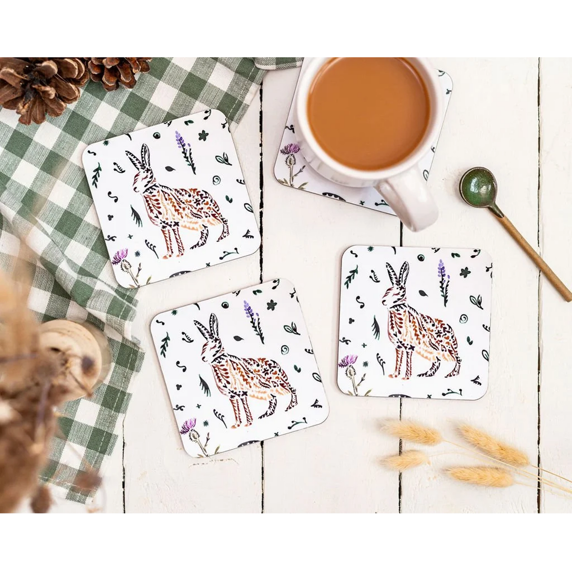 Four Scottish wildlife hare design melamine square coasters