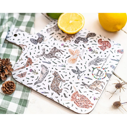 A double sided melamine chop board with a Scottish wildlife design