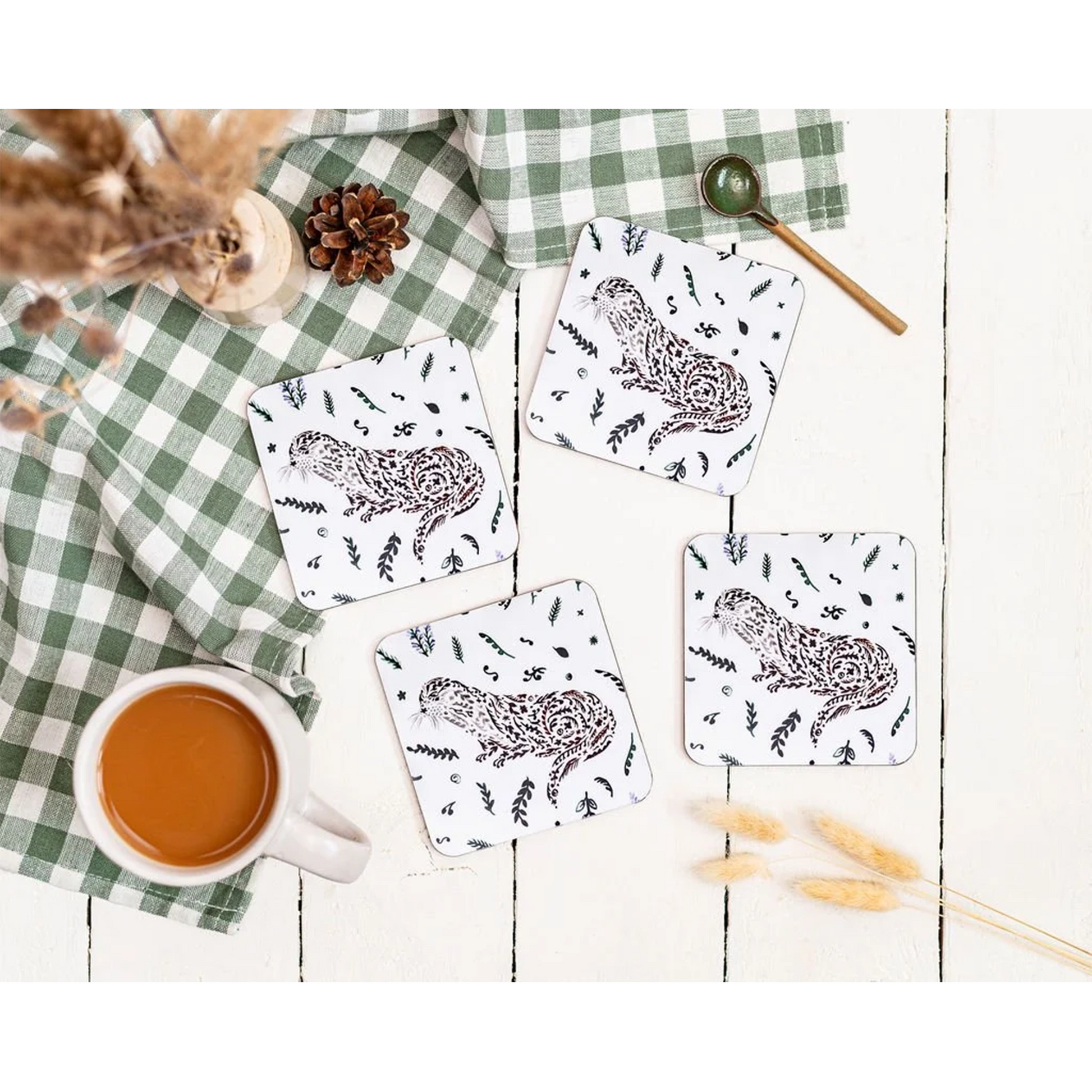 Four Scottish wildlife otter design melamine square coasters