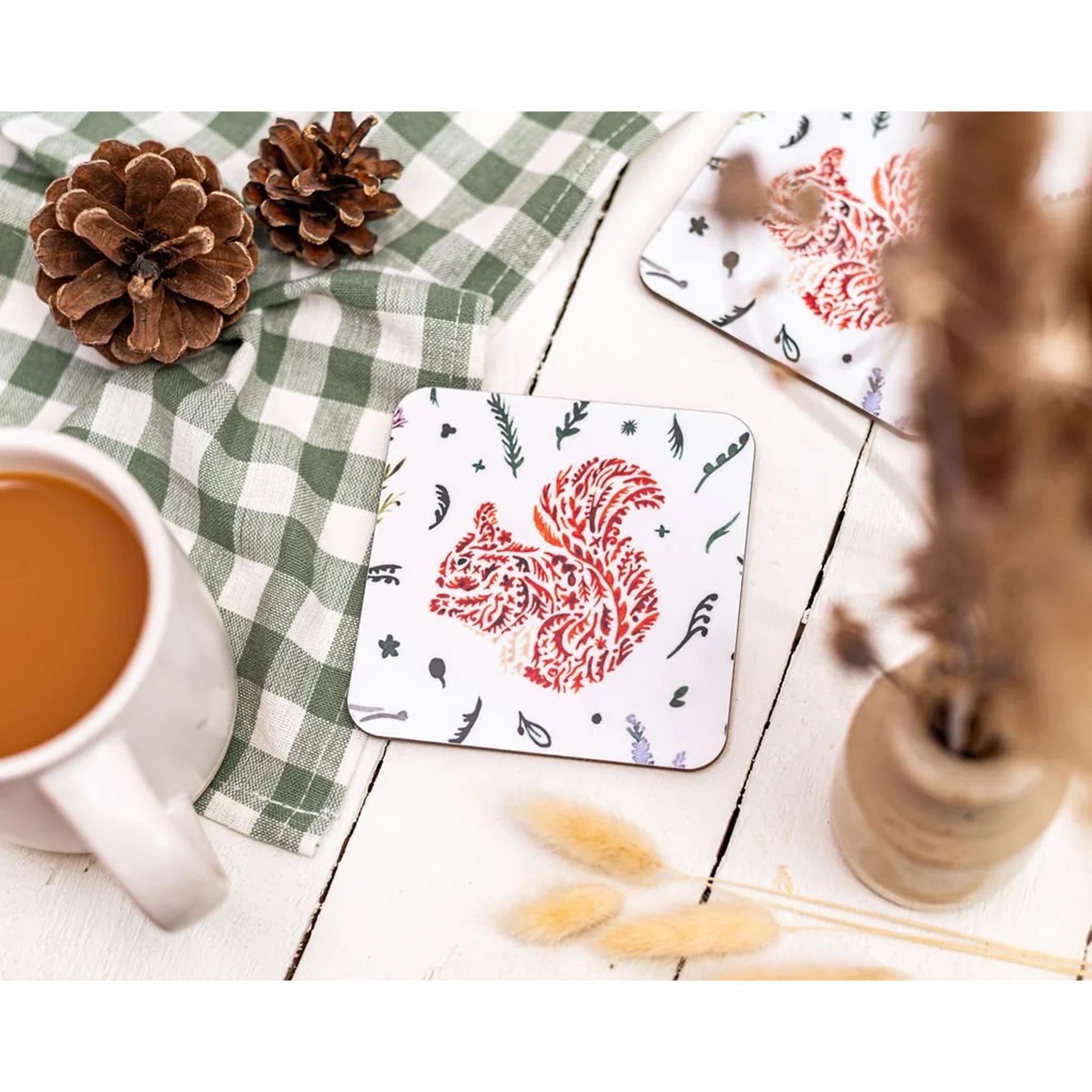 Scottish wildlife red squirrel design melamine square coaster