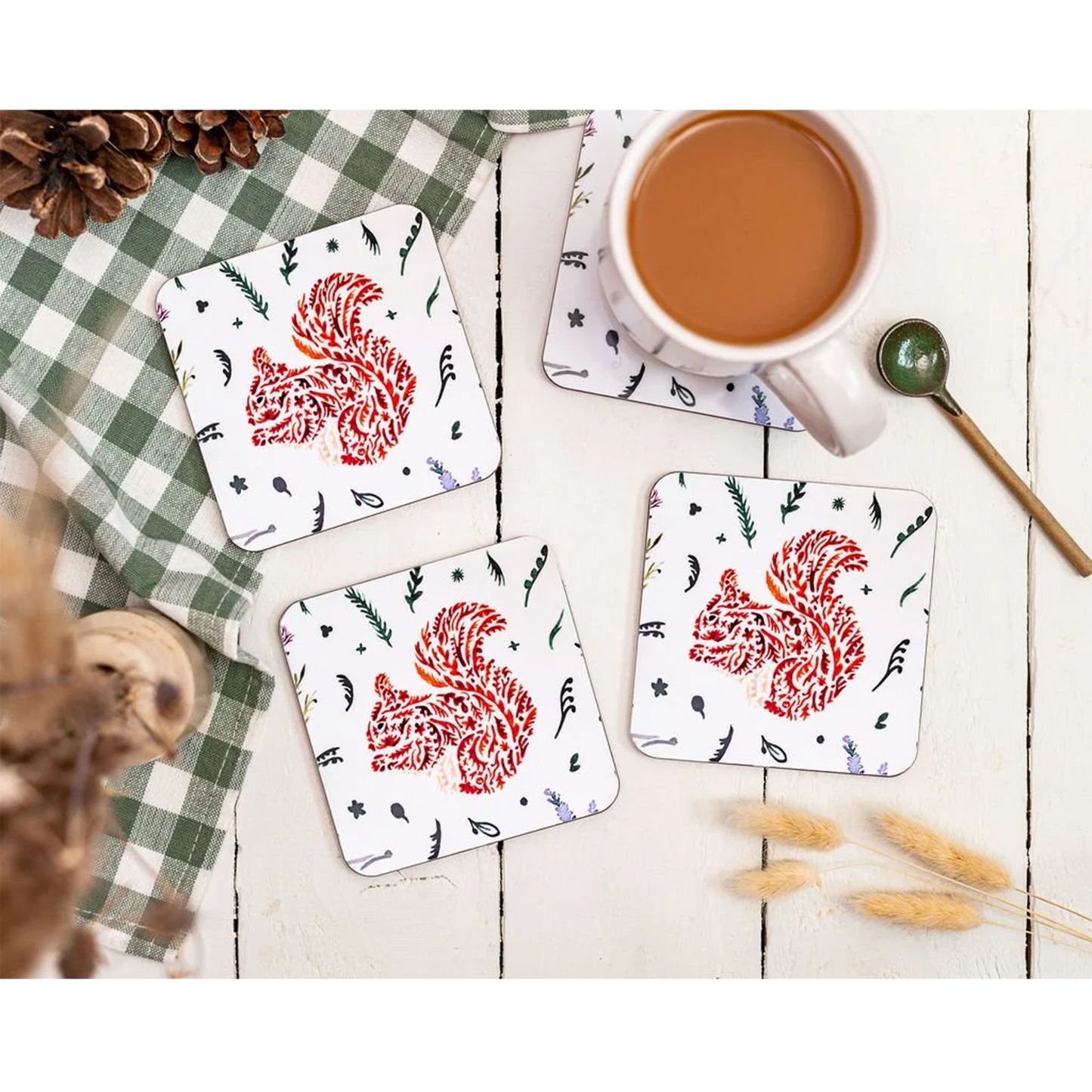 Four Scottish wildlife red squirrel design melamine square coasters