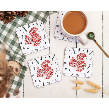 Four Scottish wildlife red squirrel design melamine square coasters