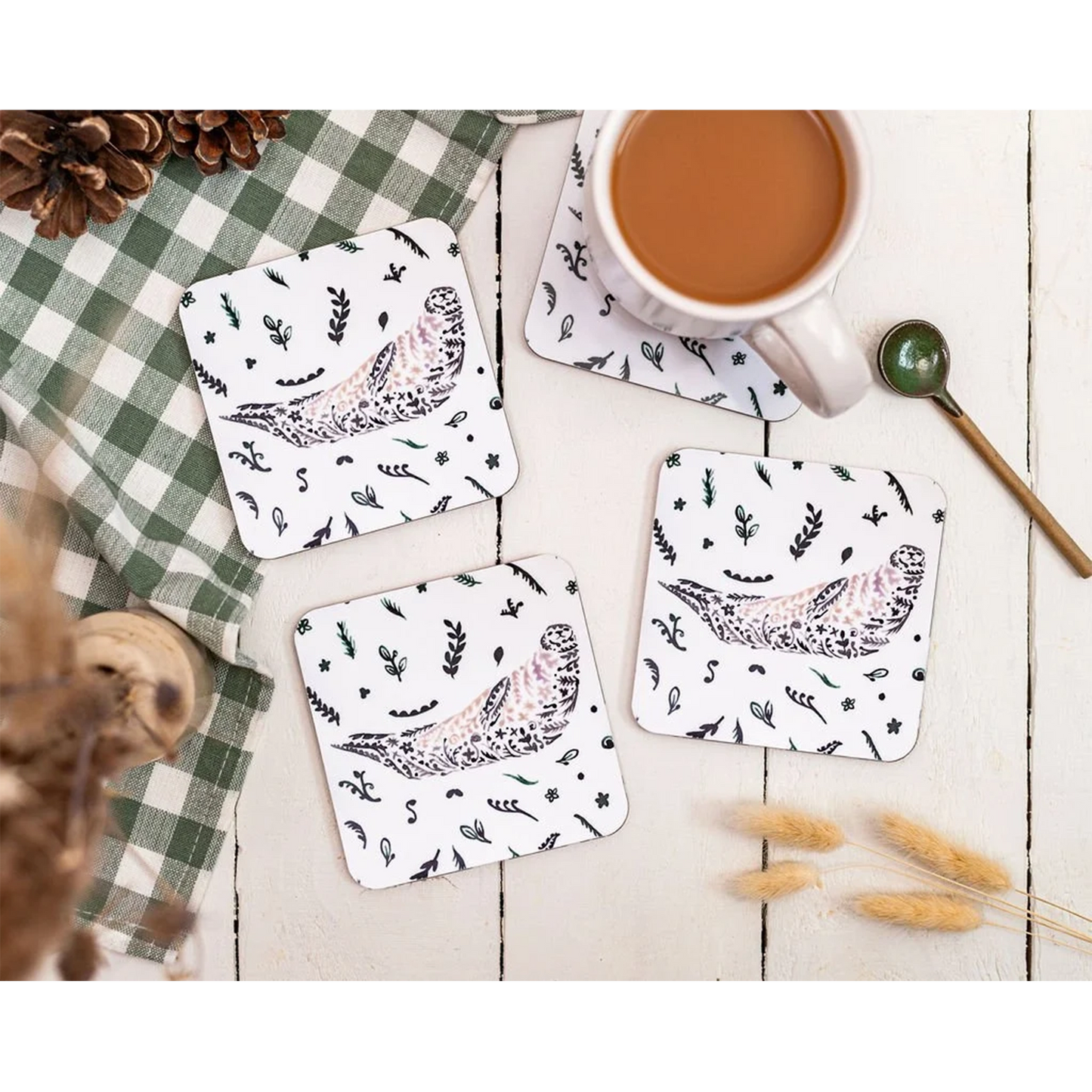 Four Scottish wildlife seal design melamine square coasters