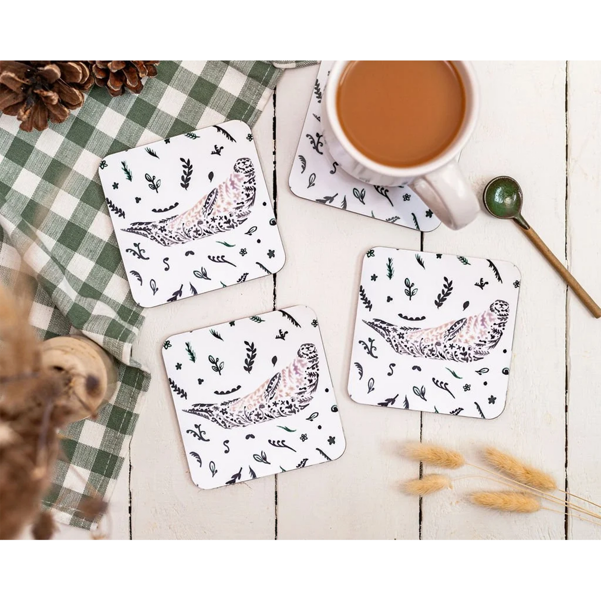 Four Scottish wildlife seal design melamine square coasters