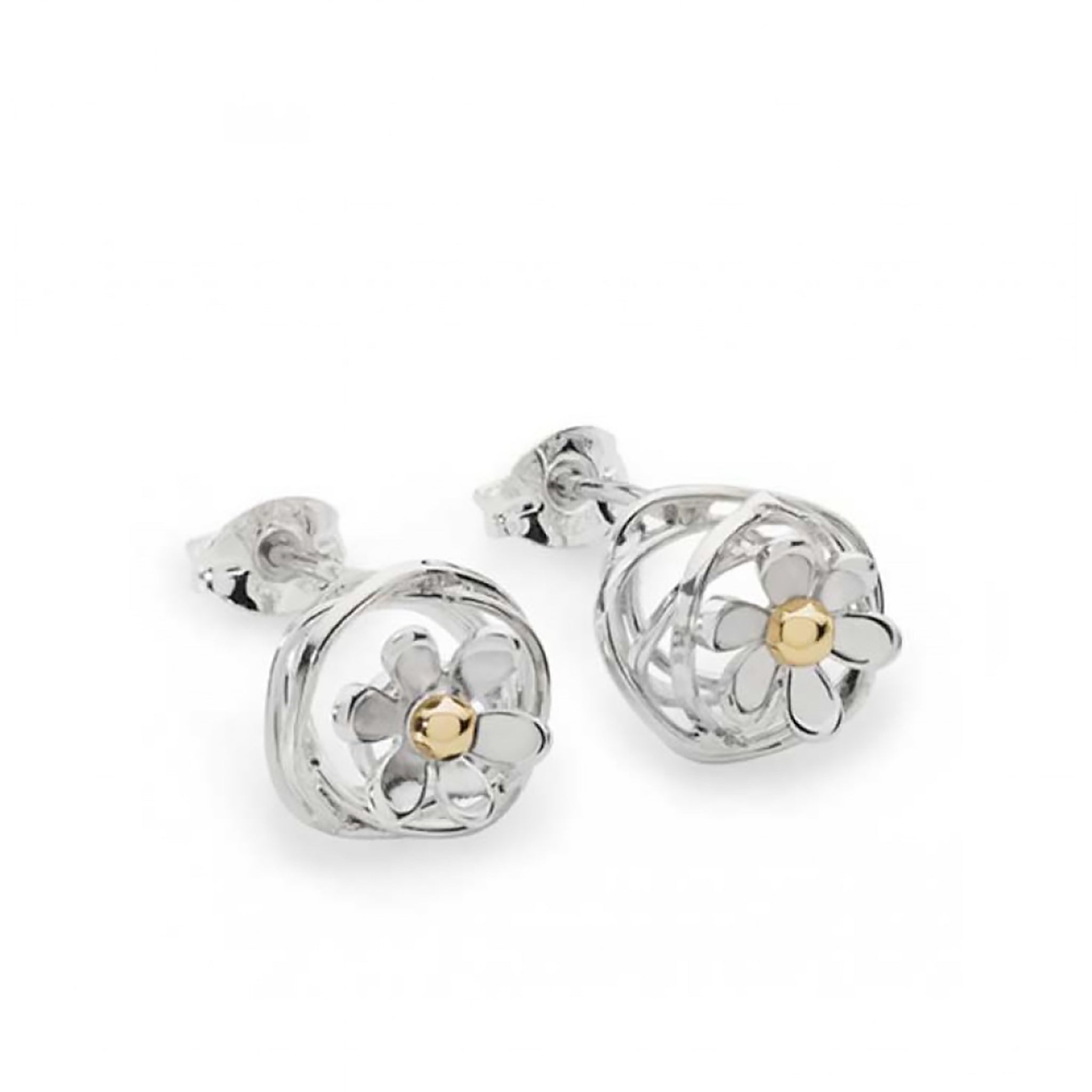 Pair of silver earrings with scribble silver tangle design and flower detail with gold centre on stud fittings