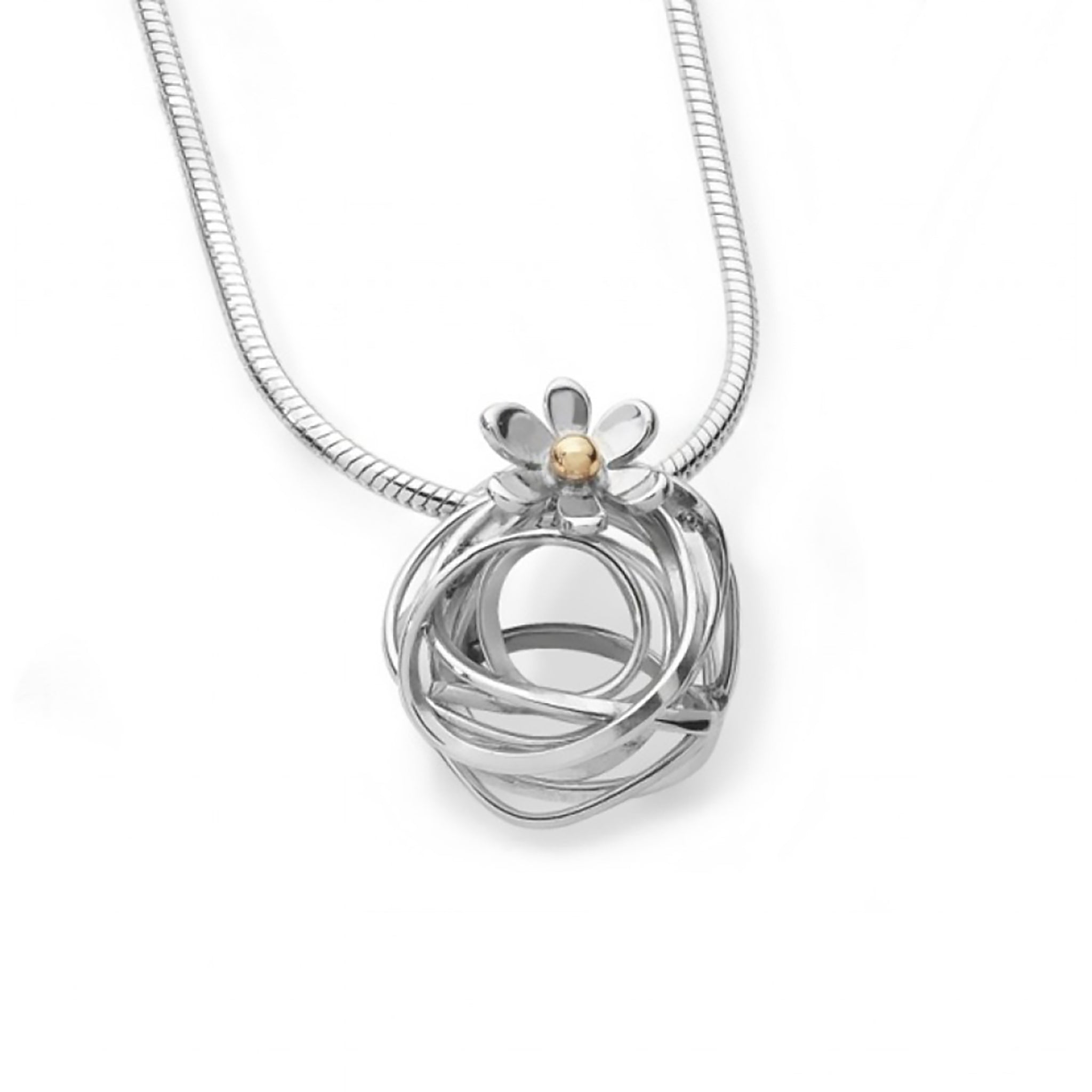 Silver pendant with scribble silver tangle design and flower detail with gold centre on silver snake chain
