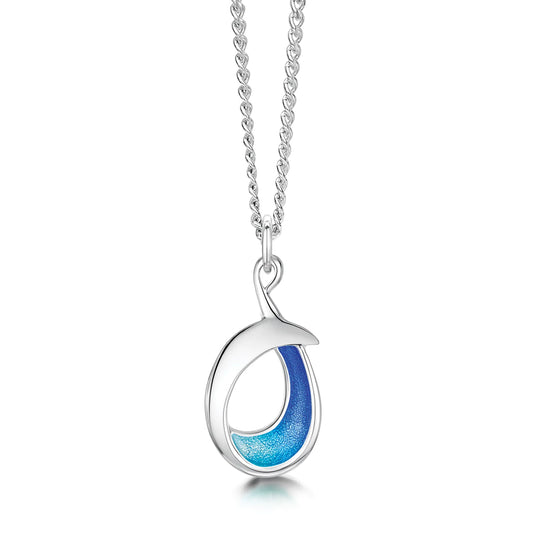 Small silver pendant with bright blue enamel in a simple abstract ocean wave shape on a silver chain
