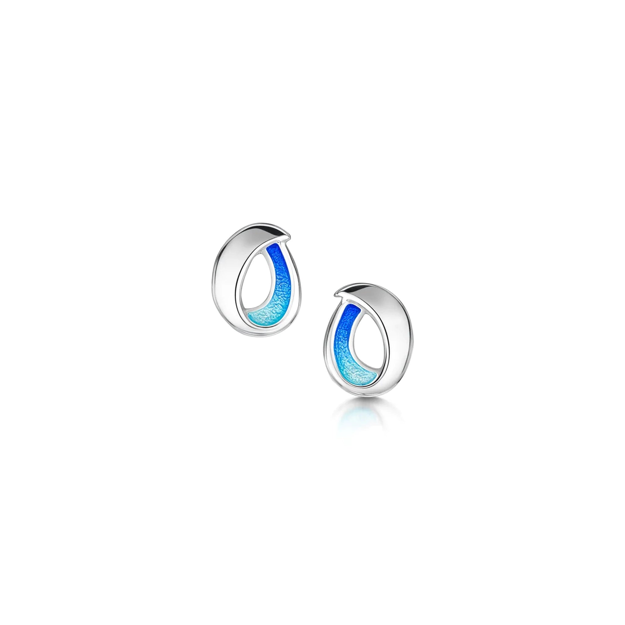 Silver stud earrings with bright blue enamel in a simple abstract ocean wave shape