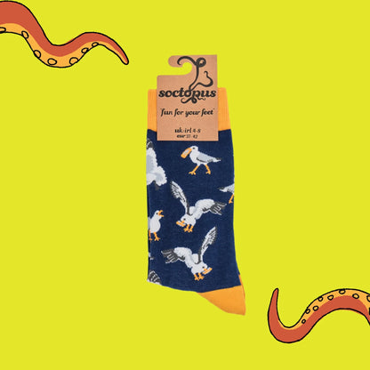 Navy blue seagull socks in packaging