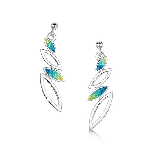Silver earrings in varying size leaf shapes in silver and blue/green/yellow enamel on drop post fittings
