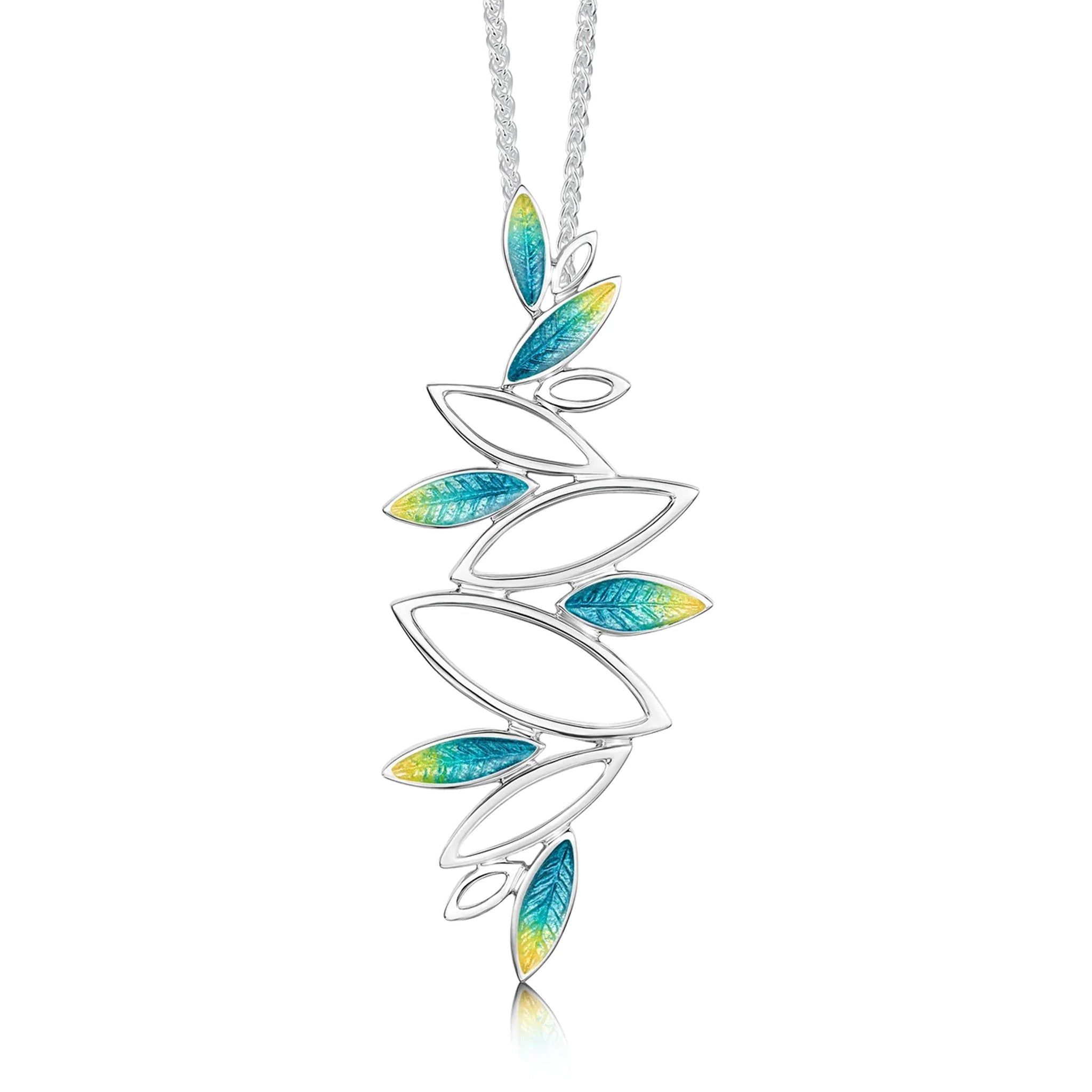 Silver large pendant in varying size leaf shapes in blue/green/yellow enamel and silver on silver chain