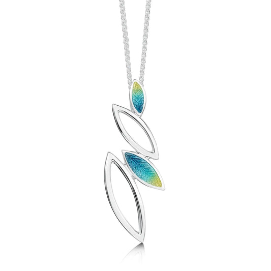 Silver pendant in varying size leaf shapes in blue/green/yellow enamel and silver on silver chain