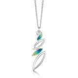 Silver small pendant in varying size leaf shapes in blue/green/yellow enamel and silver on silver chain