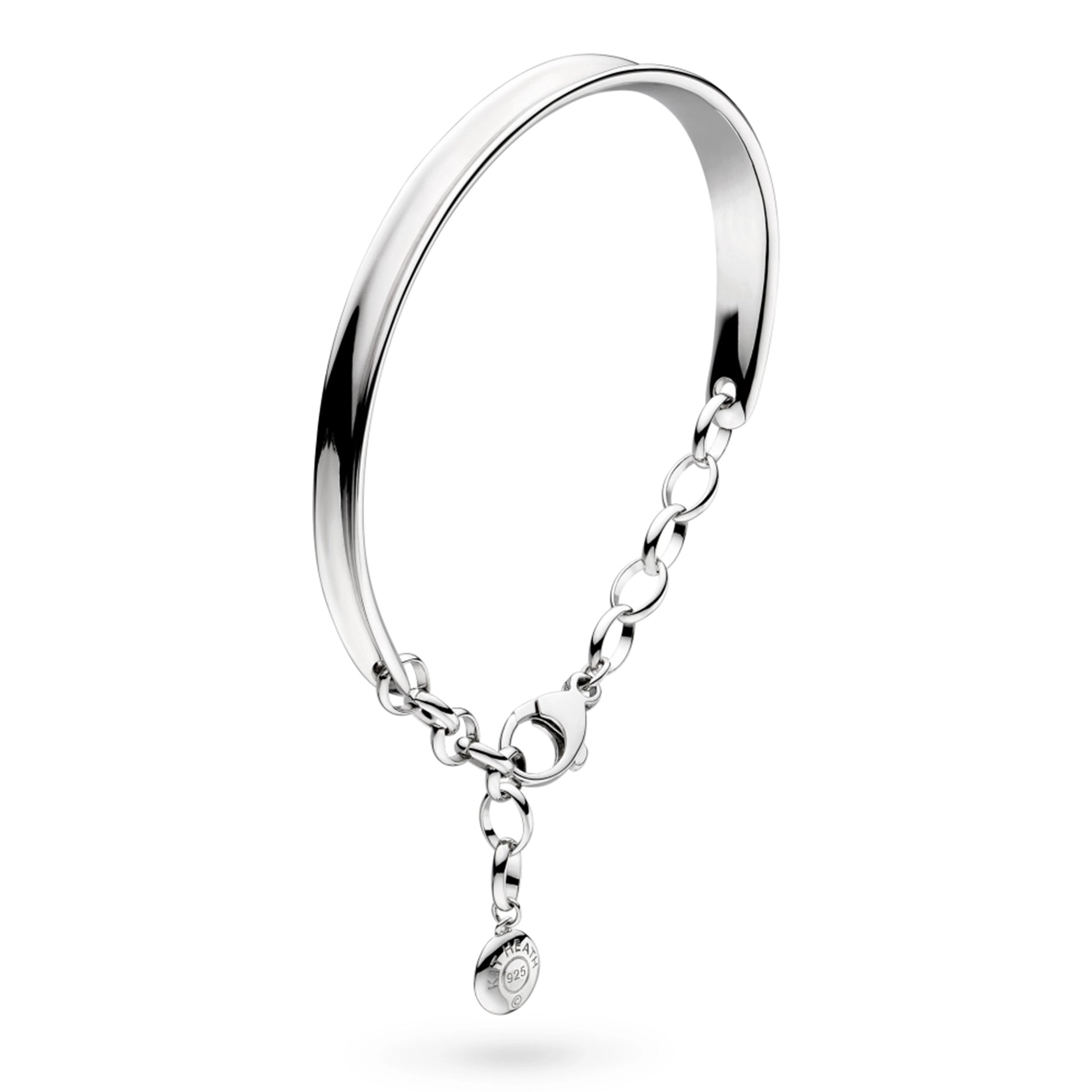 A bangle style bracelet with ribbon contours and adjustable chain in silver