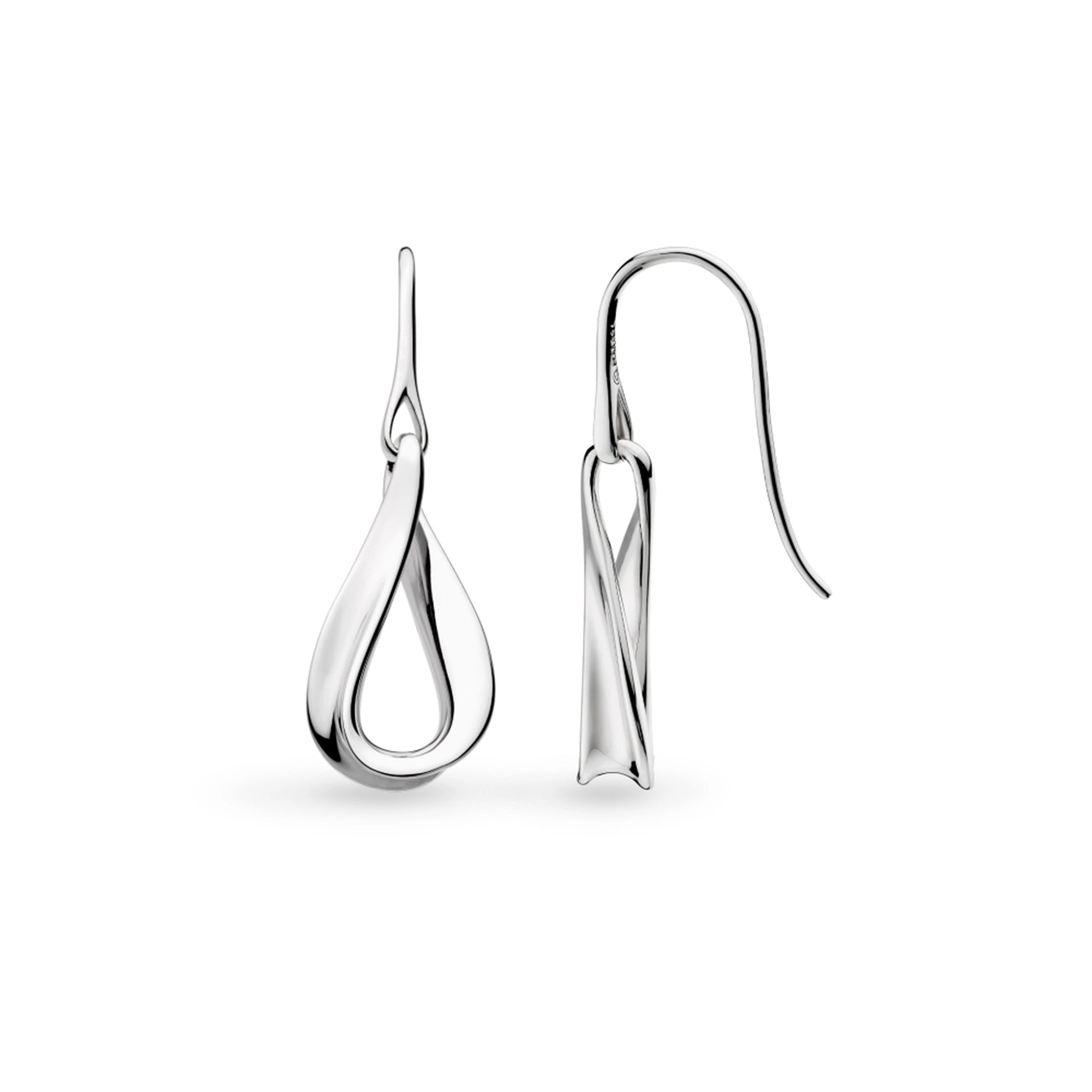 A pair of small silver twist drop earrings in a soft ribbon-like shape