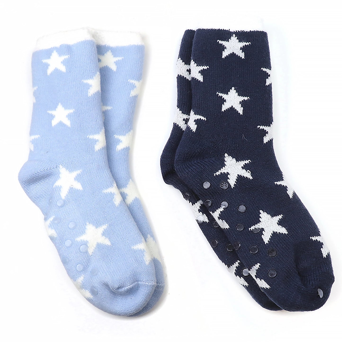 Two pairs of socks, one blue one navy, with white stars and grippers on the soles