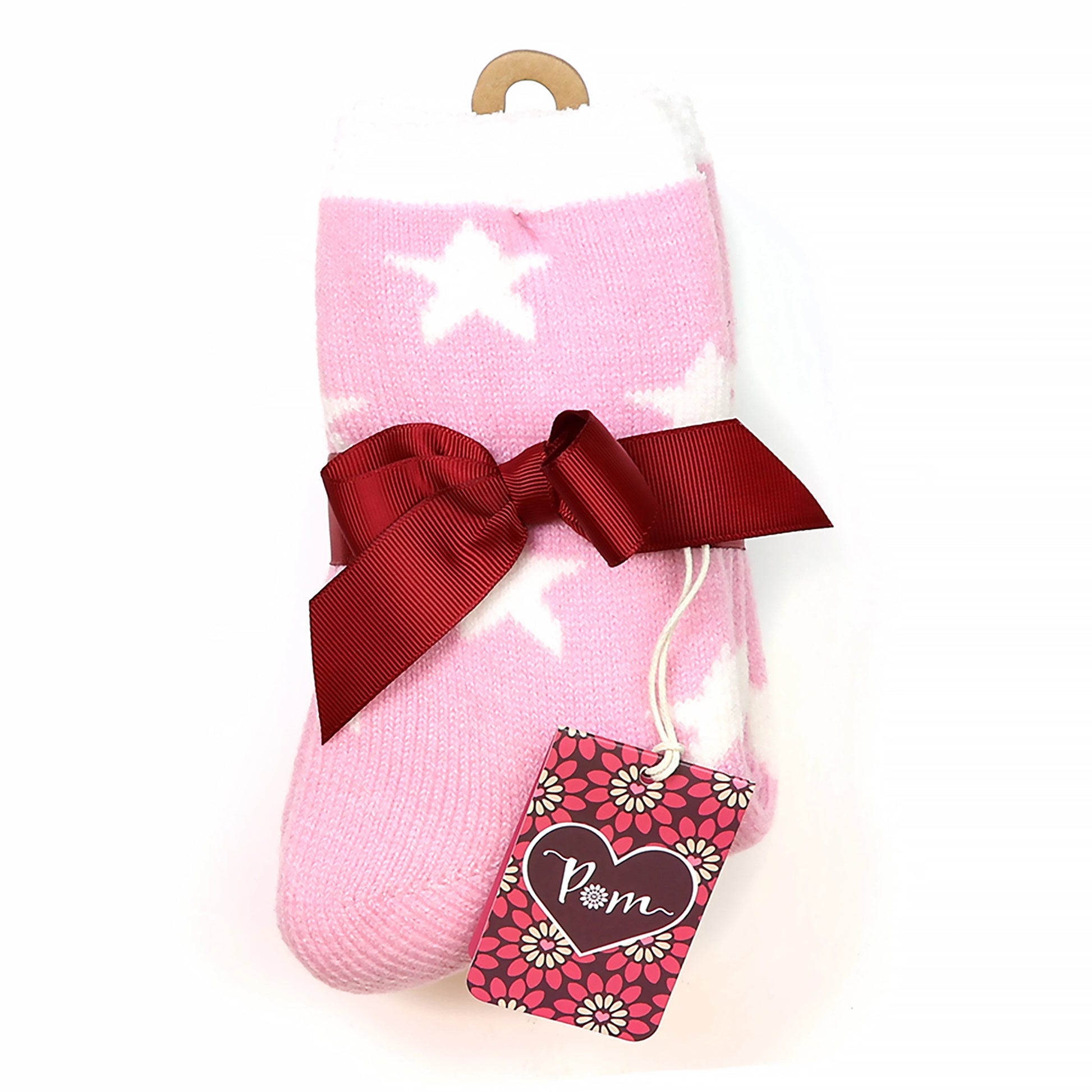 Ribbon tied socks in light pink with white stars