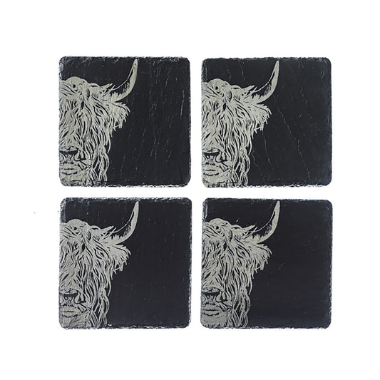 4 square slate coasters with engraved Highland cow on each