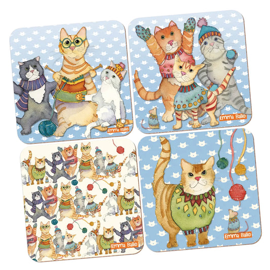 Four square coasters featuring cats in winter clothing and knitting