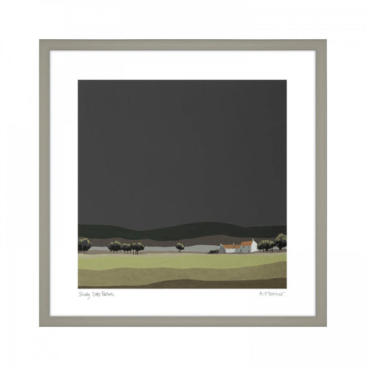 A square framed print featuring a modern landscape painting  in muted colours
