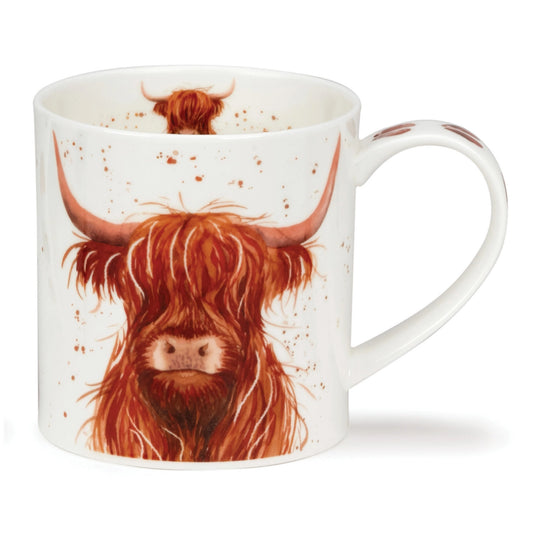 A white mug featuring a watercolour image of a Highland Cow