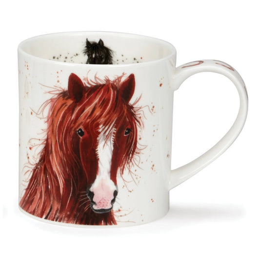 A white mug featuring a watercolour image of a Horse