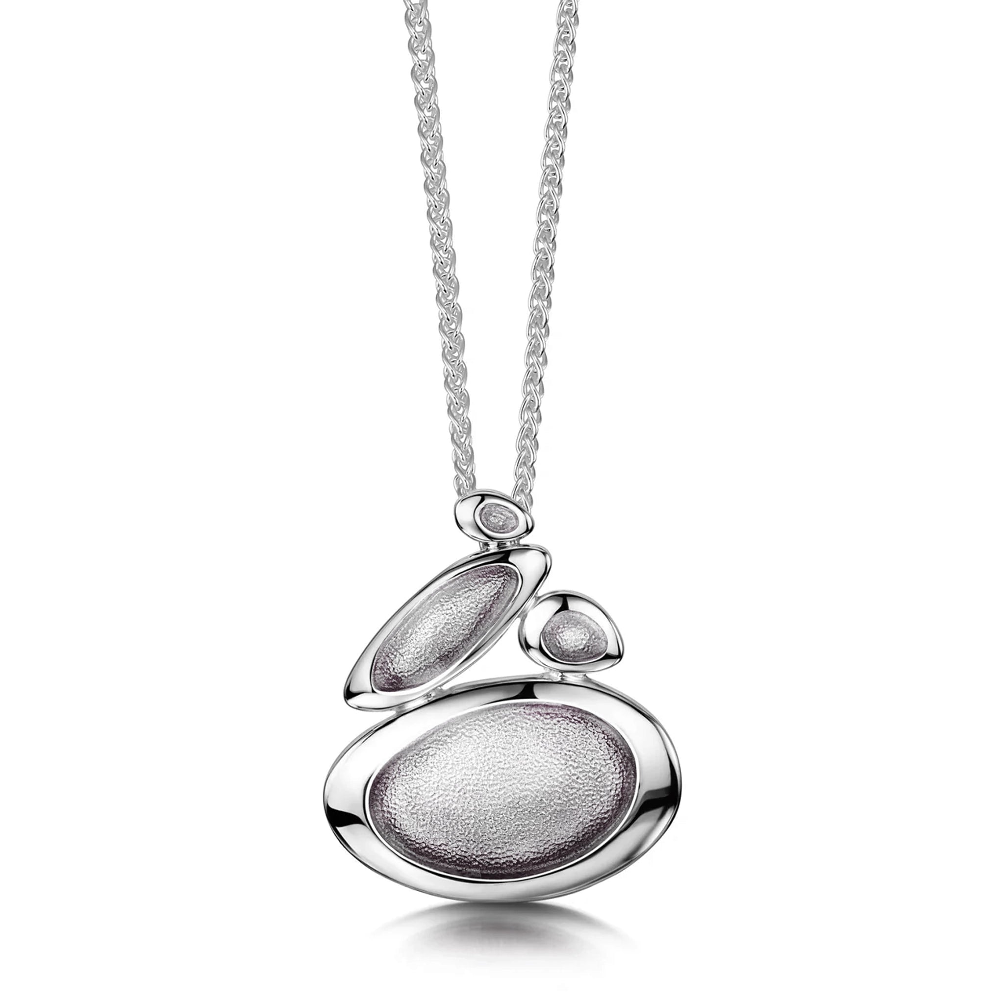 Silver large pendant in organic stacked pebble shape with pearl grey enamel and silver chain