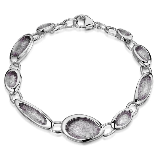 Silver bracelet with organic pebble shaped links in pearl grey enamel with lobster clasp