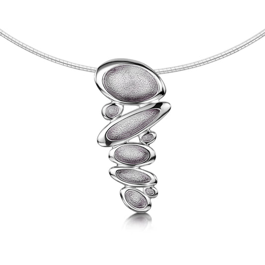Silver necklet with organic stacked pebble shaped pendant in pearl grey enamel with silver neck wire