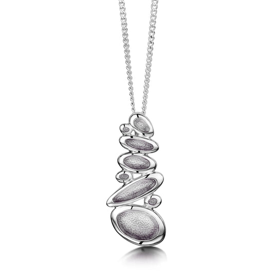 Silver small pendant in organic stacked pebble shape with pearl grey enamel and silver chain