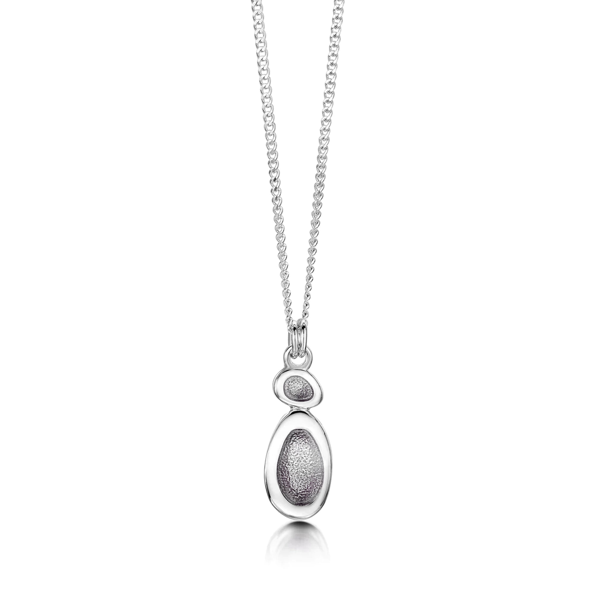 Silver tiny pendant in organic stacked pebble shape with pearl grey enamel and silver chain