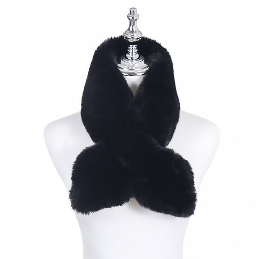 A short extra fluffy black colour faux fur scarf with pull-through fastening