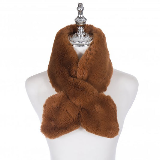 A short extra fluffy brown nutmeg colour faux fur scarf with pull-through fastening