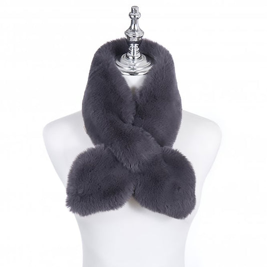 A short extra fluffy dark grey colour faux fur scarf with pull-through fastening