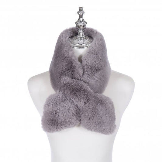 A short extra fluffy light grey colour faux fur scarf with pull-through fastening