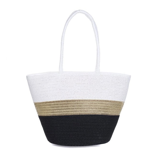 A woven summer tote bag with black, natural and cream stripes