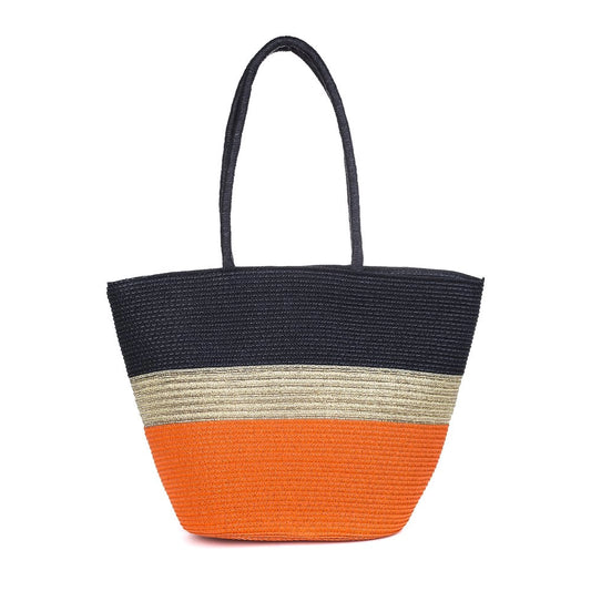 A woven summer tote bag with black, natural and orange stripes