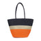 A woven summer tote bag with black, natural and orange stripes