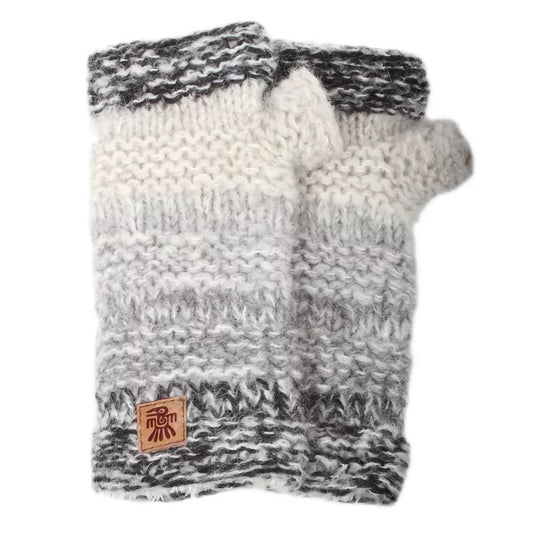 A pair of knitted mohair grey ombre handwarmers