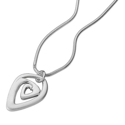 Silver pendant featuring an arrow shape with a swirl into the centre and a heart cutout 