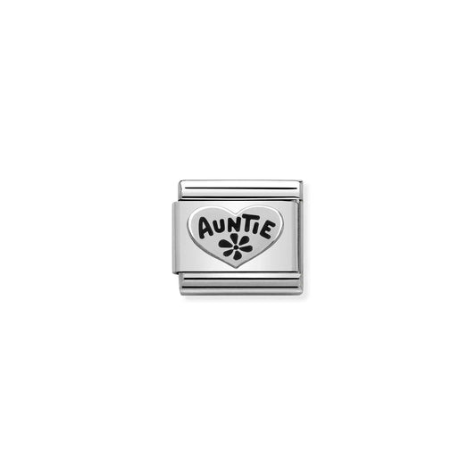 Nomination charm link featuring a silver heart with the word AUNTIE and a flower in black enamel