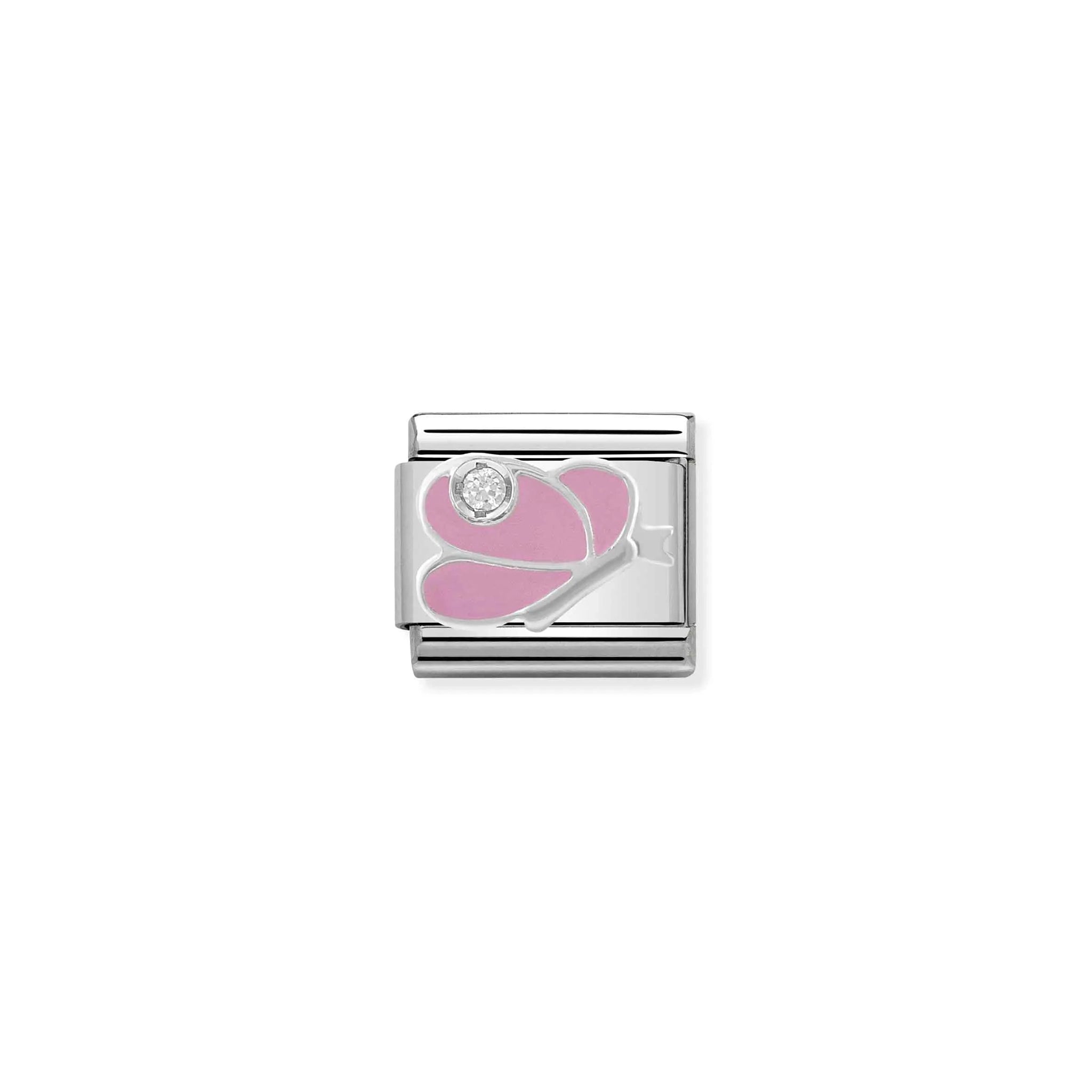Nomination charm link featuring a silver butterfly with pink enamel and a small CZ stone